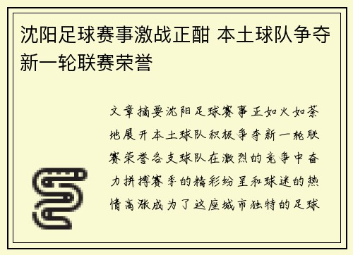 沈阳足球赛事激战正酣 本土球队争夺新一轮联赛荣誉