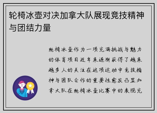 轮椅冰壶对决加拿大队展现竞技精神与团结力量