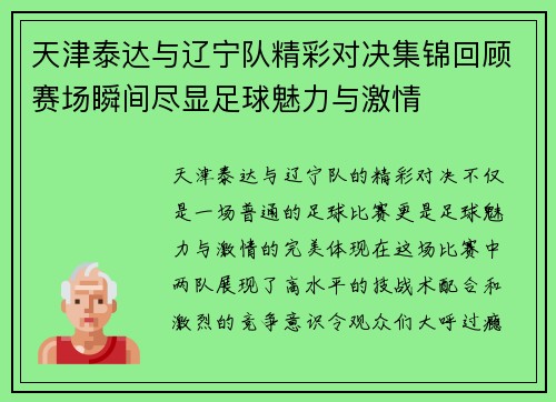 天津泰达与辽宁队精彩对决集锦回顾赛场瞬间尽显足球魅力与激情