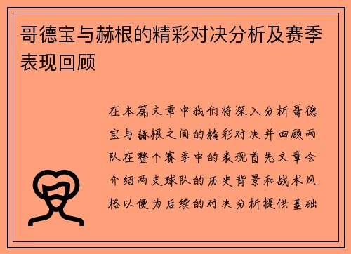 哥德宝与赫根的精彩对决分析及赛季表现回顾