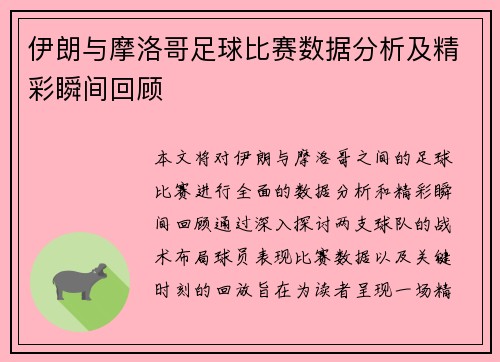 伊朗与摩洛哥足球比赛数据分析及精彩瞬间回顾